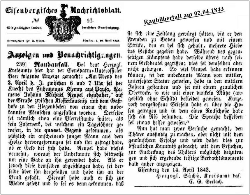 02.04.1843 Raubüberfall auf der Straße zwischen Klosterlausnitz und dem Gasthof „Zu den drei grauen Ziegenböcken“